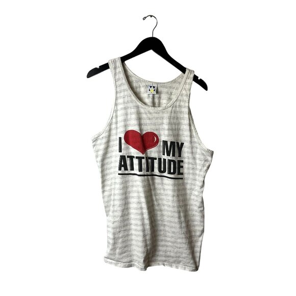 Vintage I Love My Attitude Tank Top Gray Cream XL Extra Large USA Striped Logo - Picture 2 of 14